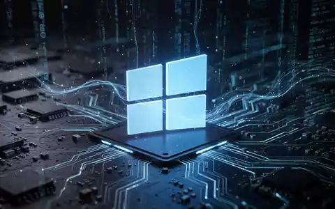 A glowing, futuristic Windows logo made of light, surrounded by digital circuit board patterns and flowing data streams. - Foto: über boerse-global.de