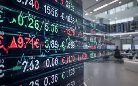 Ein Börsenticker zeigt schwankende Zahlen und Währungssymbole mit einem unscharfen Hintergrund eines Handelsraums. - Foto: über boerse-global.de