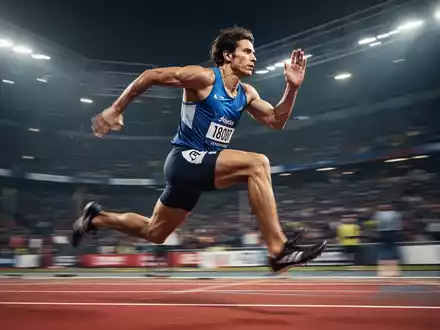 Ein Athlet in Bewegung auf einer Leichtathletikbahn, mit verschwommenem Stadionhintergrund und einem Fokus auf Dynamik. - Foto: über boerse-global.de