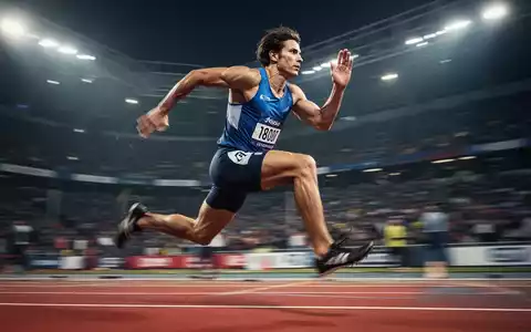 Ein Athlet in Bewegung auf einer Leichtathletikbahn, mit verschwommenem Stadionhintergrund und einem Fokus auf Dynamik. - Foto: über boerse-global.de