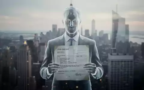 Eine gespenstische Figur in Geschäftskleidung vor der Skyline von New York City hält eine verblasste Stellenanzeige. - Foto: über boerse-global.de