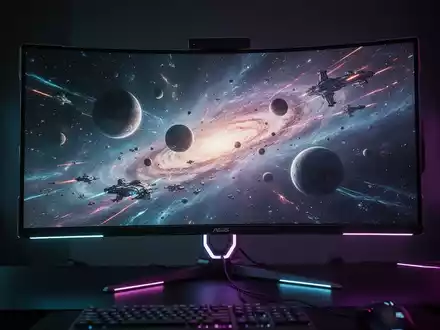 A close-up of a high-end, curved gaming monitor displaying a vibrant, futuristic game scene in a dark room. - Foto: über boerse-global.de