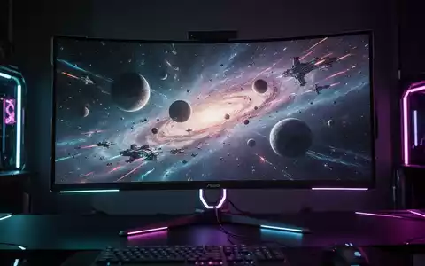 A close-up of a high-end, curved gaming monitor displaying a vibrant, futuristic game scene in a dark room. - Foto: über boerse-global.de