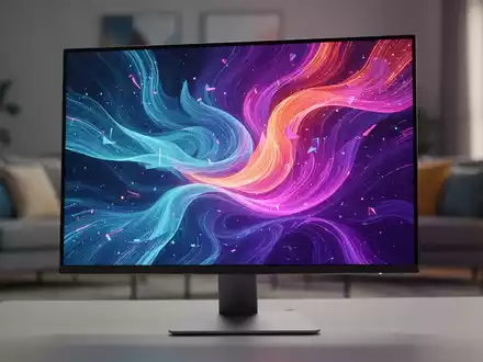 A modern, slim computer monitor displaying colorful graphics on a desk, with a blurred background of a home office setting. - Foto: über boerse-global.de