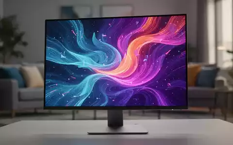 A modern, slim computer monitor displaying colorful graphics on a desk, with a blurred background of a home office setting. - Foto: über boerse-global.de