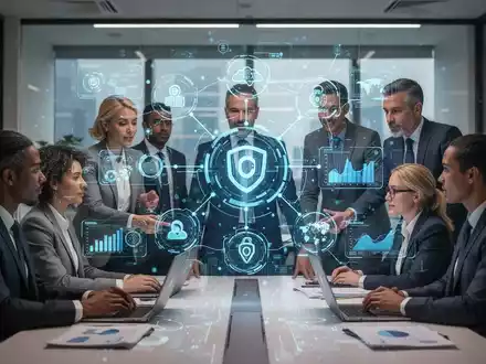 Business professionals collaborating around a holographic display showing digital platforms and AI interfaces in a modern office. - Foto: über boerse-global.de