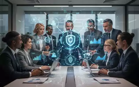 Business professionals collaborating around a holographic display showing digital platforms and AI interfaces in a modern office. - Foto: über boerse-global.de