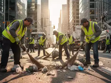 Städtische Reinigungskräfte in Warnwesten beseitigen Müll und Unrat auf einer belebten Straße in einer modernen Stadt. - Foto: über boerse-global.de