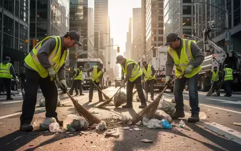 Städtische Reinigungskräfte in Warnwesten beseitigen Müll und Unrat auf einer belebten Straße in einer modernen Stadt. - Foto: über boerse-global.de