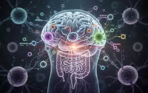 Ein stilisiertes Gehirn, das mit abstrakten metabolischen Pfaden und Zellstrukturen verknüpft ist, symbolisiert die metabolische Psychiatrie. - Foto: über boerse-global.de