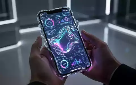 A close-up of an iPhone screen displaying a futuristic, glowing interface with abstract data and UI elements, held by hands. - Foto: über boerse-global.de