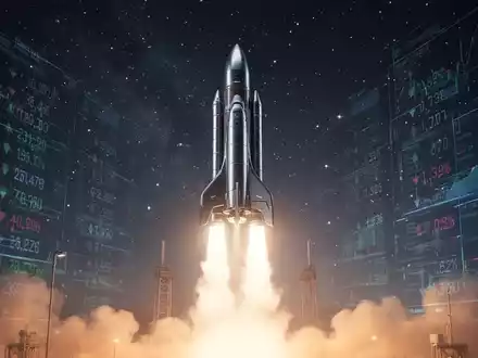 Eine futuristische Rakete startet in den Nachthimmel, mit subtilen digitalen Finanzdaten im Hintergrund. - Foto: über boerse-global.de