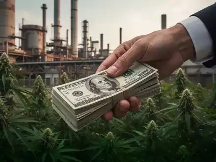Eine Hand hält einen Stapel Geld vor einem Hintergrund aus Industriegebäuden und Cannabis-Pflanzen, der finanzielle Erholung und Immobilieninvestitionen darstellt. - Foto: über boerse-global.de