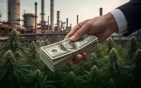Eine Hand hält einen Stapel Geld vor einem Hintergrund aus Industriegebäuden und Cannabis-Pflanzen, der finanzielle Erholung und Immobilieninvestitionen darstellt. - Foto: über boerse-global.de