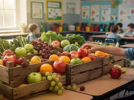 Ein Tisch in einer Schulkantine oder einem Klassenzimmer, gefüllt mit frischem Bio-Obst und -Gemüse in Holzkisten. - Foto: über boerse-global.de