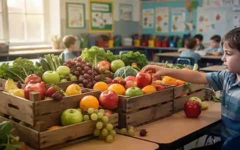 Ein Tisch in einer Schulkantine oder einem Klassenzimmer, gefüllt mit frischem Bio-Obst und -Gemüse in Holzkisten. - Foto: über boerse-global.de