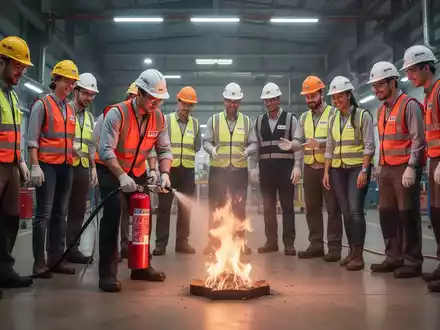 Mitarbeiter in Schutzkleidung nehmen an einer Brandschutzübung teil, wobei einer einen Feuerlöscher auf ein kleines Feuer richtet. - Foto: über boerse-global.de