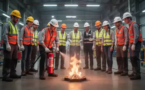 Mitarbeiter in Schutzkleidung nehmen an einer Brandschutzübung teil, wobei einer einen Feuerlöscher auf ein kleines Feuer richtet. - Foto: über boerse-global.de