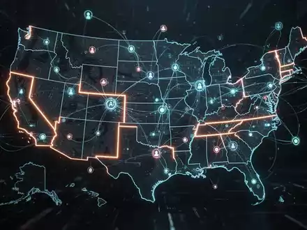 A stylized map of the United States, showing digital connections and highlighted states, symbolizing AI regulation efforts. - Foto: über boerse-global.de