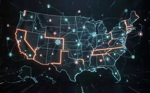 A stylized map of the United States, showing digital connections and highlighted states, symbolizing AI regulation efforts. - Foto: über boerse-global.de