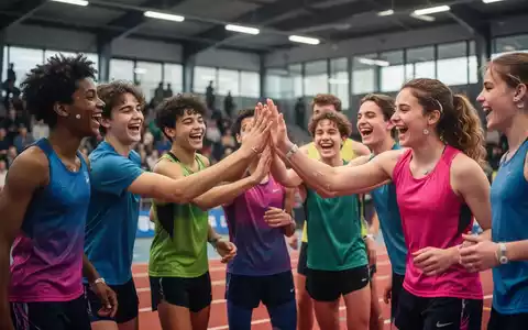 Junge Athleten mit Diabetes lachen und klatschen sich ab bei einem Sportevent in Arnheim, Niederlande. Sie tragen bunte Sportkleidung. - Foto: über boerse-global.de