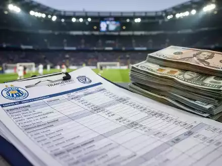 Nahaufnahme eines Finanzbuchs oder Geldstapels mit verschwommenem Fußballstadion im Hintergrund, das Fußballtransfers symbolisiert. - Foto: über boerse-global.de
