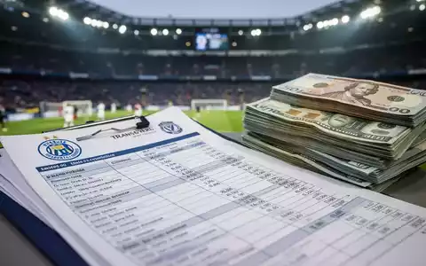 Nahaufnahme eines Finanzbuchs oder Geldstapels mit verschwommenem Fußballstadion im Hintergrund, das Fußballtransfers symbolisiert. - Foto: über boerse-global.de