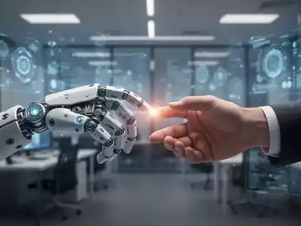Eine Roboterhand und eine menschliche Hand berühren sich sanft, umgeben von einer unscharfen modernen Büroumgebung mit digitalen Elementen. - Foto: über boerse-global.de