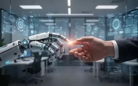 Eine Roboterhand und eine menschliche Hand berühren sich sanft, umgeben von einer unscharfen modernen Büroumgebung mit digitalen Elementen. - Foto: über boerse-global.de