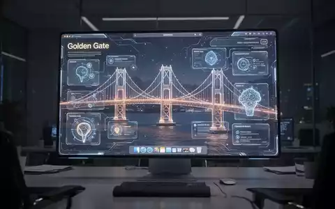 A glowing, futuristic macOS 'Golden Gate' interface with transparent elements, displayed on a high-resolution screen in a professional setting. - Foto: über boerse-global.de