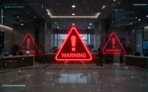 A digital interface with red warning symbols and network lines, symbolizing a cyber-attack on financial institutions. - Foto: ĂŒber boerse-global.de