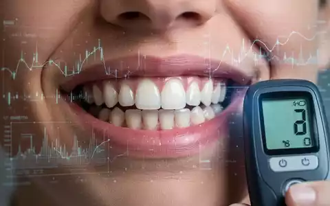 Nahaufnahme eines Mundes mit gesunden ZĂ€hnen und Zahnfleisch, ĂŒberlagert mit digitalen Daten oder einem BlutzuckermessgerĂ€t. - Foto: ĂŒber boerse-global.de