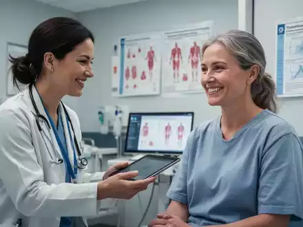 Ein lächelnder Patient und ein Arzt in einem modernen Krankenhaus, der positive Auswirkungen präventiver Gesundheitsmaßnahmen symbolisiert. - Foto: über boerse-global.de