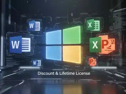 Stylized Microsoft Windows logo and Office icons (Word, Excel, PowerPoint) glowing on a futuristic digital interface, symbolizing software discounts. - Foto: über boerse-global.de