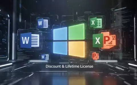 Stylized Microsoft Windows logo and Office icons (Word, Excel, PowerPoint) glowing on a futuristic digital interface, symbolizing software discounts. - Foto: über boerse-global.de
