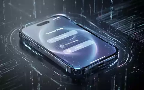 A close-up of a modern iPhone screen showing a futuristic recovery mode interface with digital elements, symbolizing system repair. - Foto: über boerse-global.de