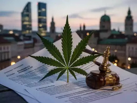 Eine stilisierte Darstellung der Cannabis-Gesetzeslage in Österreich mit einer Cannabis-Pflanze und juristischen Symbolen vor einer Stadtkulisse. - Foto: über boerse-global.de