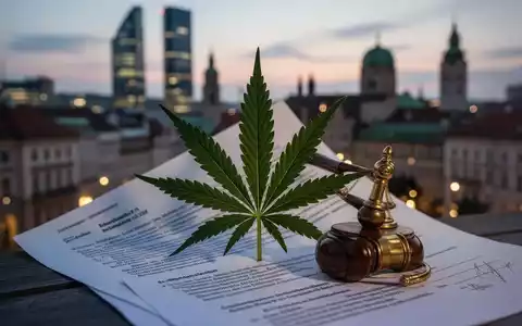 Eine stilisierte Darstellung der Cannabis-Gesetzeslage in Österreich mit einer Cannabis-Pflanze und juristischen Symbolen vor einer Stadtkulisse. - Foto: über boerse-global.de