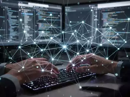 Stylized network overlaying hands typing on a keyboard, with browser windows in the background, symbolizing new developer tools and AI. - Foto: über boerse-global.de