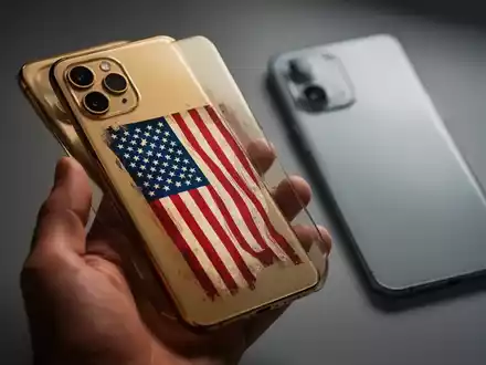 Ein goldenes Smartphone mit einer stilisierten US-Flagge auf der Rückseite, gehalten von einer Hand, im Vergleich zu einem generischen Smartphone. - Foto: über boerse-global.de