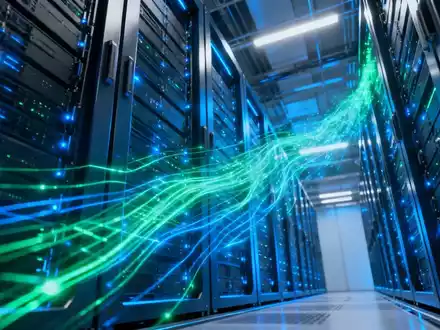 Ein futuristischer Serverraum mit leuchtenden blauen und grünen KI-Datenströmen, der massive Investitionen in KI-Infrastruktur darstellt. - Foto: über boerse-global.de