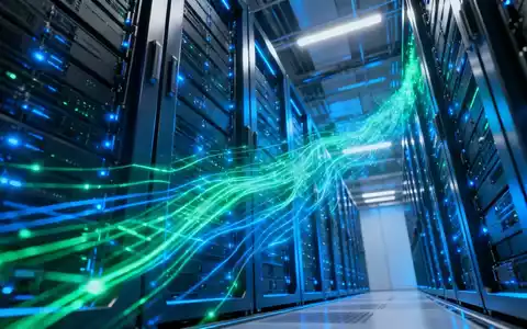 Ein futuristischer Serverraum mit leuchtenden blauen und grünen KI-Datenströmen, der massive Investitionen in KI-Infrastruktur darstellt. - Foto: über boerse-global.de