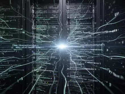 Abstrakte Darstellung von Cybersicherheit mit leuchtenden Codezeilen und Datenflüssen auf dunklen Serverracks. - Foto: über boerse-global.de