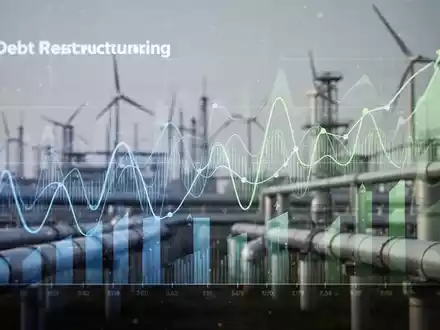 Abstrakte Darstellung von Schuldenumtausch, Finanzcharts und digitalen Wellenformen mit angedeuteter Energieinfrastruktur im Hintergrund. - Foto: über boerse-global.de