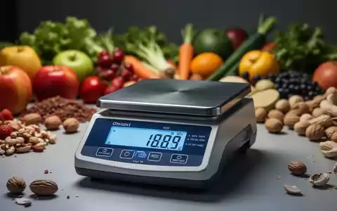 Eine hochpräzise digitale Laborwaage mit einer Messanzeige, im Hintergrund unscharfe gesunde Lebensmittel. - Foto: über boerse-global.de