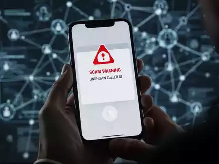 Eine Hand hält ein Smartphone, das eine Warnung vor Betrug oder eine unbekannte Anrufer-ID anzeigt, mit einem unscharfen digitalen Hintergrund. - Foto: über boerse-global.de