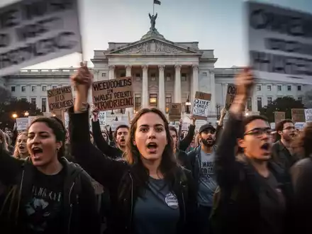 Nahaufnahme einer Gruppe von Demonstranten mit Plakaten vor einem Regierungsgebäude, unscharf in Bewegung. - Foto: über boerse-global.de