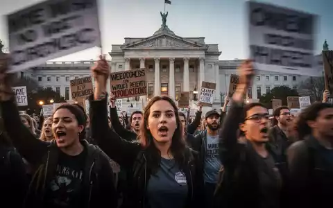 Nahaufnahme einer Gruppe von Demonstranten mit Plakaten vor einem Regierungsgebäude, unscharf in Bewegung. - Foto: über boerse-global.de