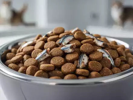 Nahaufnahme von hochwertigem, hypoallergenem Trockenfutter für Katzen in einer modernen Schale, mit angedeuteten Fischzutaten. - Foto: über boerse-global.de