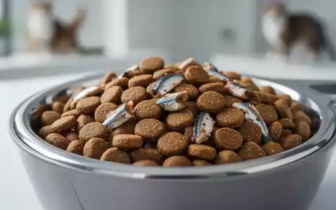 Nahaufnahme von hochwertigem, hypoallergenem Trockenfutter für Katzen in einer modernen Schale, mit angedeuteten Fischzutaten. - Foto: über boerse-global.de